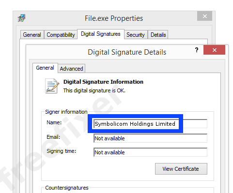 Screenshot of the Symbolicom Holdings Limited certificate